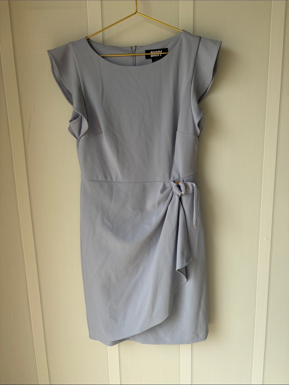 DKNY Pale Blue Ruffle Sheath Dress with Side Knot